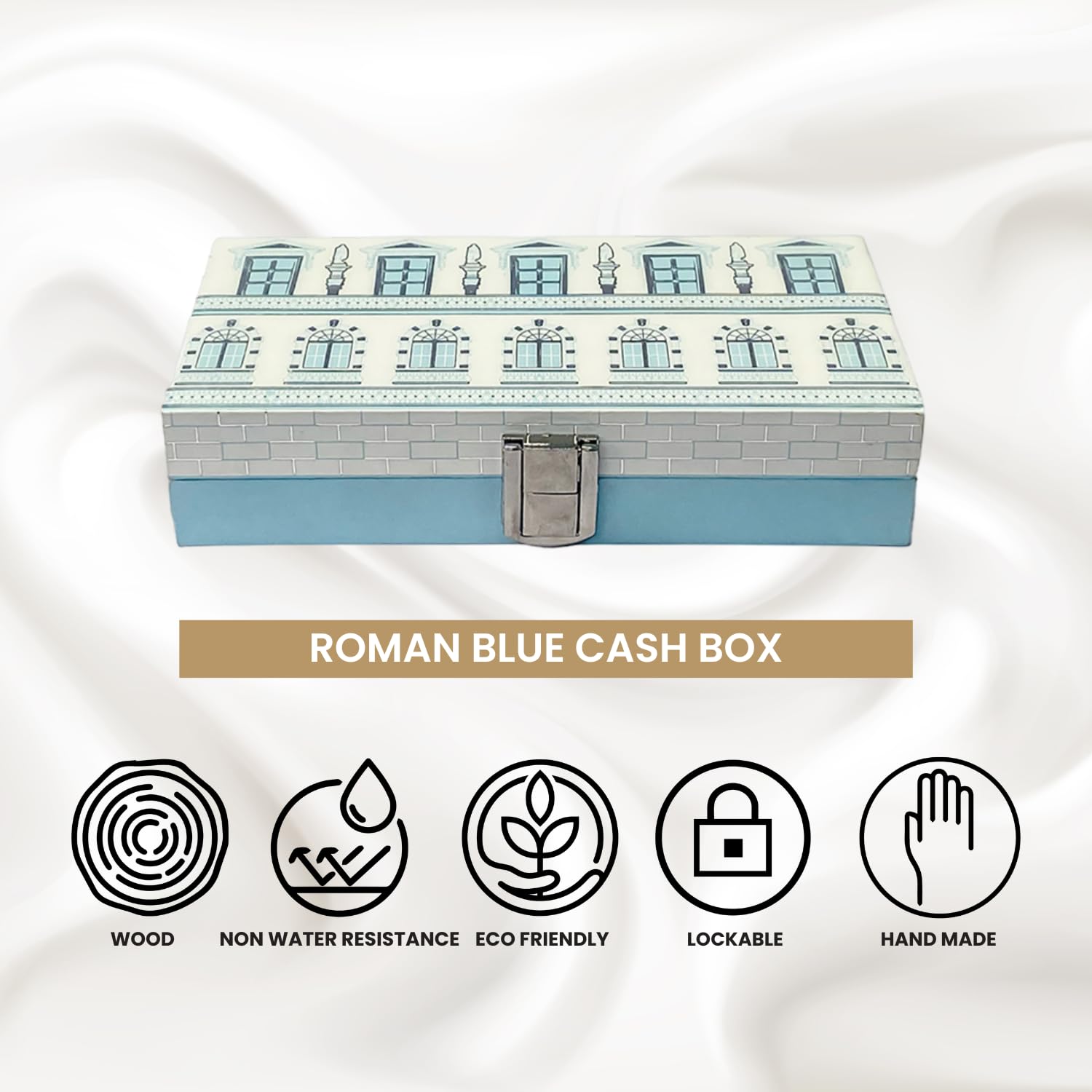 Roman Wooden Printed Cash Box Versatile For Shagun, Gifting, Gaddi, & Jewellery, Perfect For Shagun Envelopes, Wedding Gifts, Colour - Blue, Special Feature - Portable