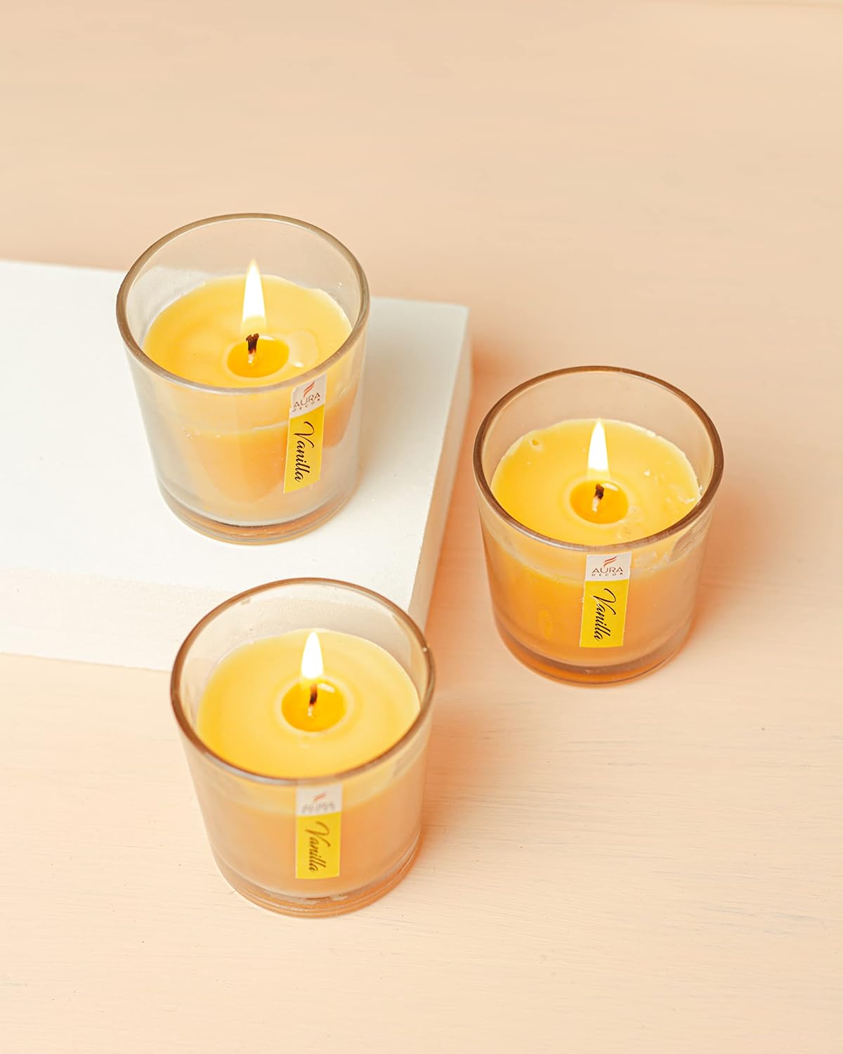 VANILLA FRAGRANCE VOTIVE GLASS CANDLES SET OF 3 | BURNING TIME 12 HOURS