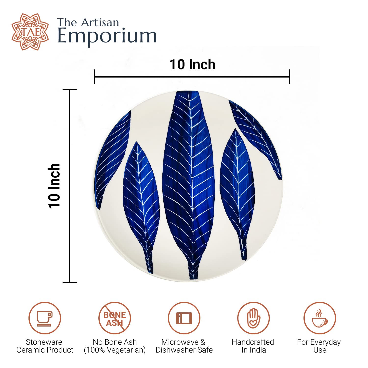 Patram Ceramic Dinner Plates Set Of 4, White & Blue - 10 Inches, 4 Pieces | Hand Painted Full Ceramic Plates For Dinner - Microwave Safe & Dishwasher Safe