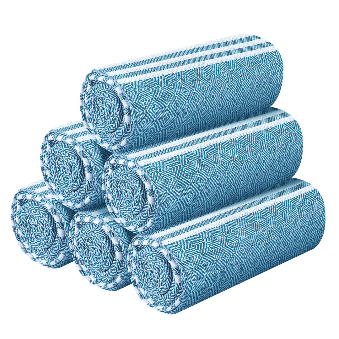 Destin Home Turkish Peshtemal Beach Towels 2 Kg | Cotton Soft, Lightweight, Quick-Drying & Absorbent For Beach Pool Spa Picnic Travel (Aqua)- Set Of 6