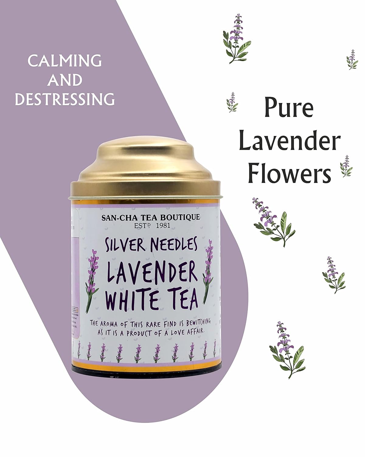 San-Cha Silver Needles Lavender White Tea - 75gm, 2.6 Ounce | Stress Relief & Cleansing, Supports Calmness - Low Caffeine, Richest In Antioxidants
