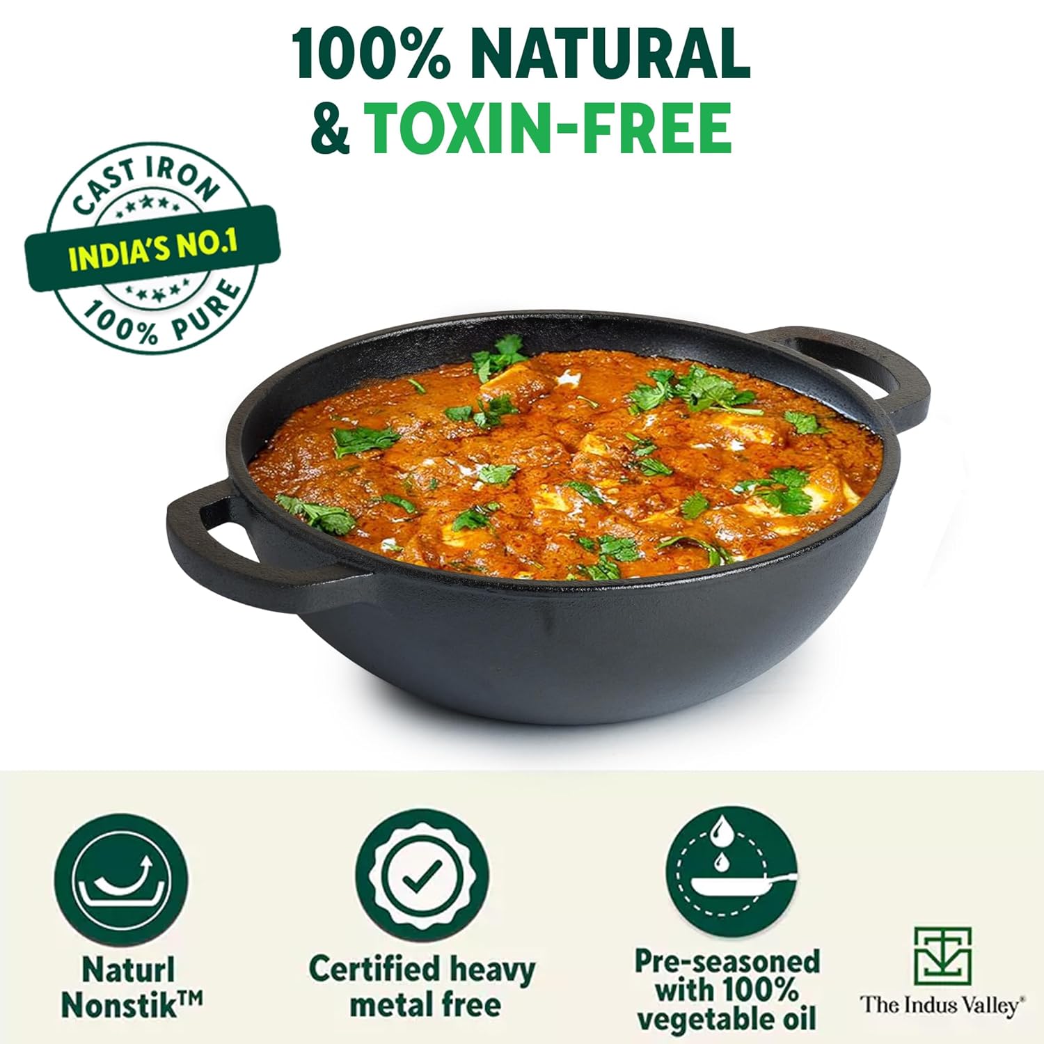 Pre-Seasoned Cast Iron Kadai With Flat Handles - Medium, 25.4 Cm, 10 Inch, 2.3 Liters, 2.5 Kg | Naturally Nonstick Kadhai, 100% Pure & Toxin-Free, No Chemical Coating