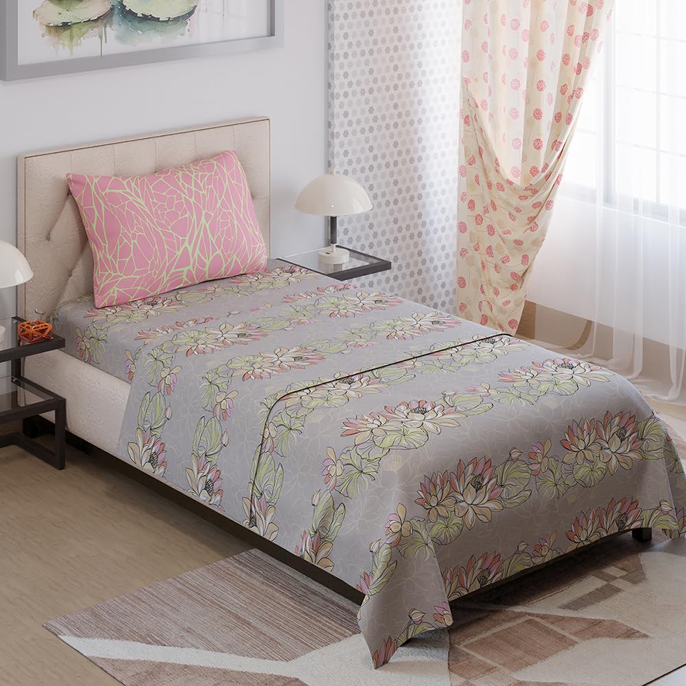 Single Bedsheet With One Pillow Covers Size - 59 X 87 Inches, Grey & Pink | Light Weight & Durable Bedsheet Set - Wrinkle Resistant Beautifully Designed Collection