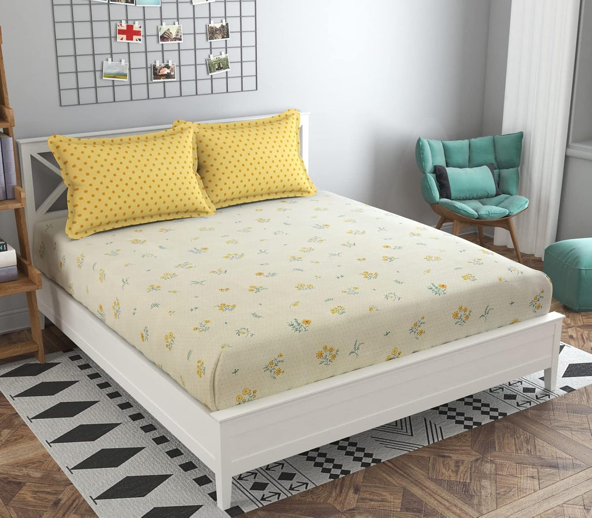 Double Bedsheet For King Size Bed With 2 Pillow Covers - 108 X 108 Inches, Cream & Yellow | Premium Comfort Bedsheets For Home, Hotels & Guest House