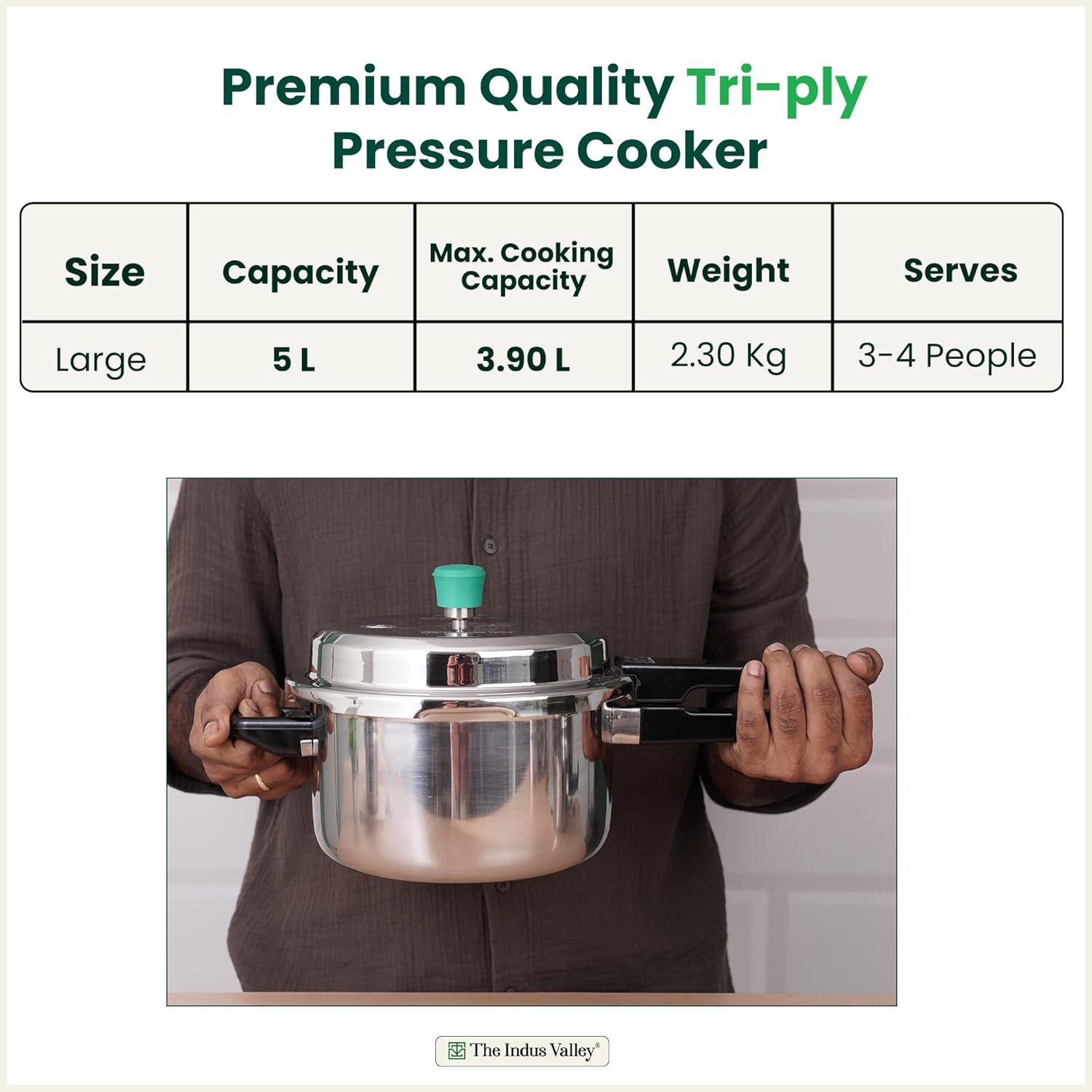 Triply Stainless Steel Pressure Cooker Outer Lid For 3-5 People - Medium, 5 Ltr, 2.4 Kg | Induction Friendly, ISI-Certified, Nonstick 3-Layer Body, 100% Pure & Toxin-Free, 5 Years Warranty