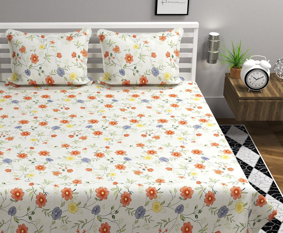 Soft Cotton King Size Bedsheet For Double Bed With 2 Large Size Pillow Covers | 108 X 108 Inches, White & Rust - Ultra Soft, Breathable, Softness | All Season, Summer, Winter