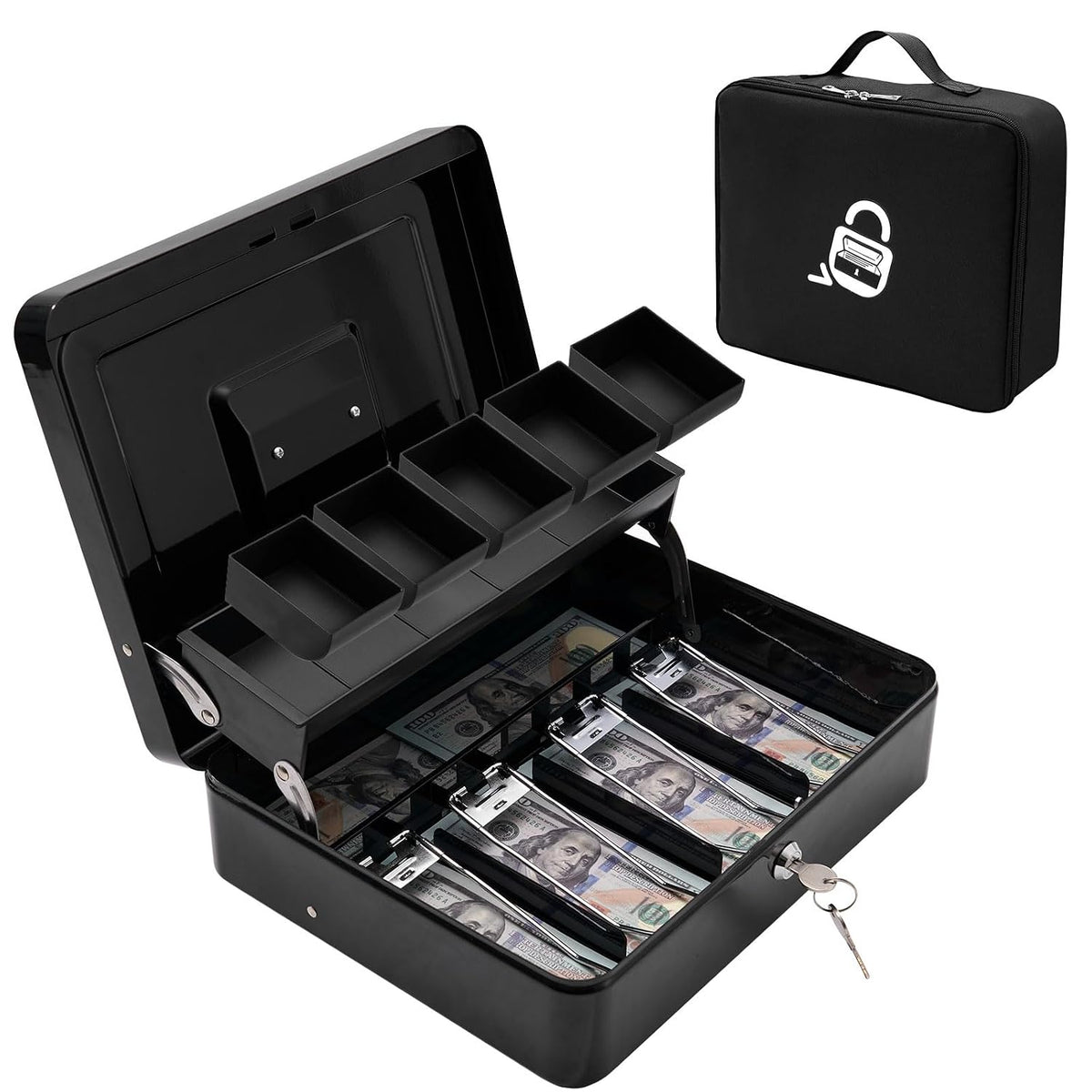 Locking Cash Box With Carry Bag, Metal Money Box With Money Tray, Durable Lock Safe Box With Key, 4 Bill 5 Coin Slots, Cantilever Design, Large Cash Boxes, Money Saving Organizer, Colour - Black