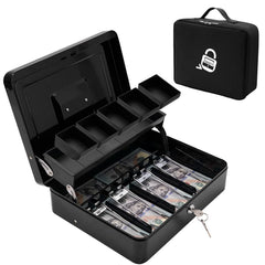 Locking Cash Box With Carry Bag, Metal Money Box With Money Tray, Durable Lock Safe Box With Key, 4 Bill 5 Coin Slots, Cantilever Design, Large Cash Boxes, Money Saving Organizer, Colour - Black