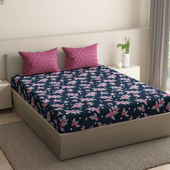 1 Double Bedsheet With 2 Matching Pillow Covers 72 X 48 Inches, Dark Blue & Peach | 200 Thread Count Durable & Long Lasting | All Around Elastic Fitted Sheet