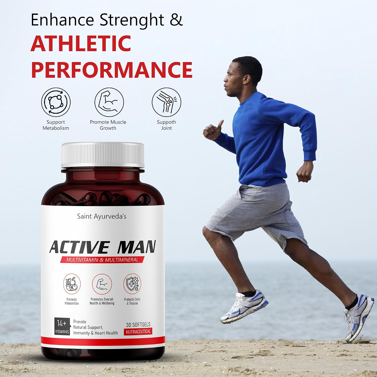 Saint Ayurveda Multivitamin Active Man With Ginseng, Lycopene, Grape Seed Extract & Vitamin B1, B2, B6, B12, A & Folic Acid For Daily Energy, Immunity, Gut & Bone Health | 30 Softgel , 50gm 0.2lbs