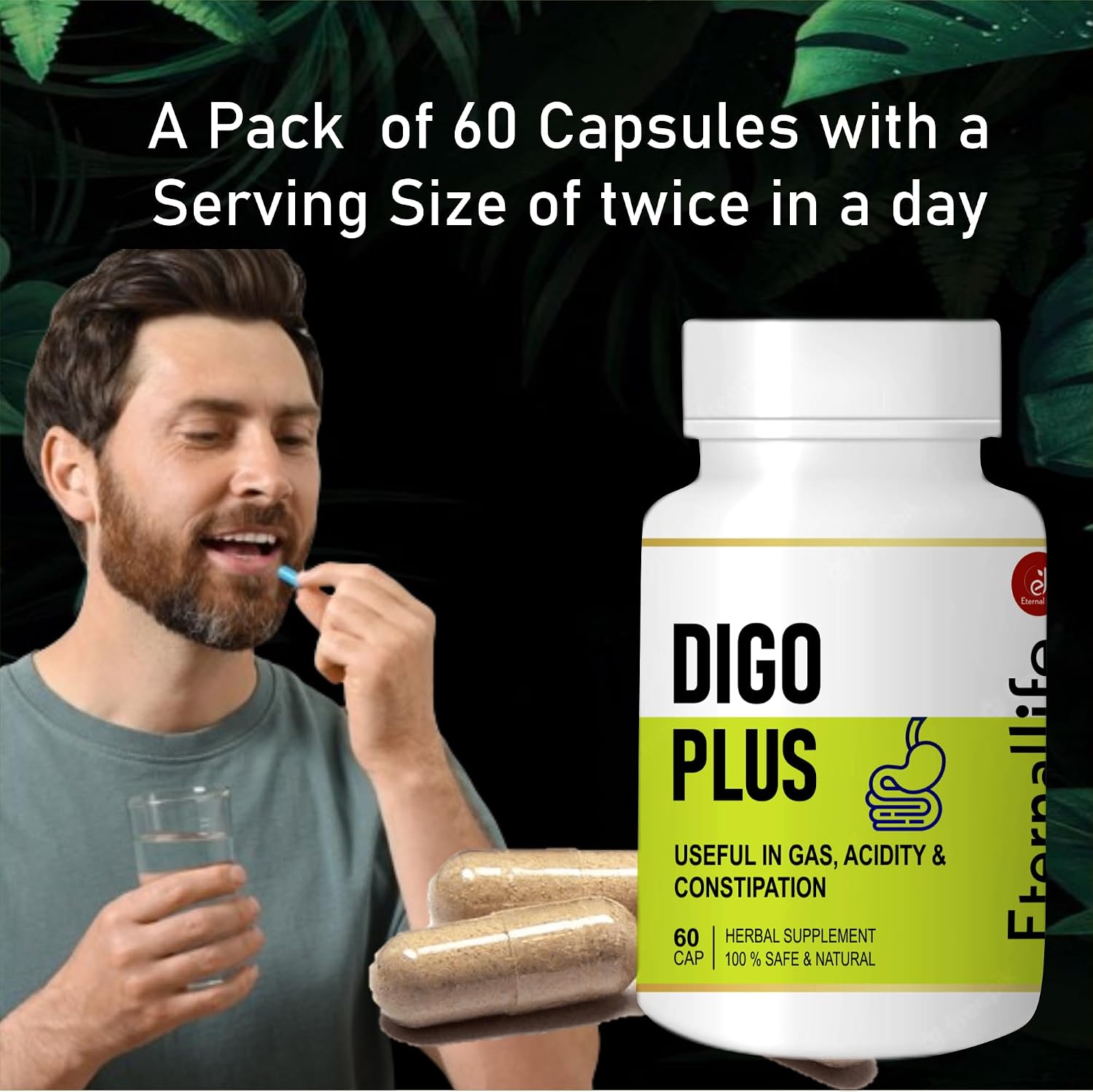 Eternal Life Digo Plus Digestive System Support Supplement Natural Ingredients Acidity Remedy Gastrointestinal Health Relief From Digestive Discomfort Constipation Aid | 60 Capsules, 100gm 0.2lbs