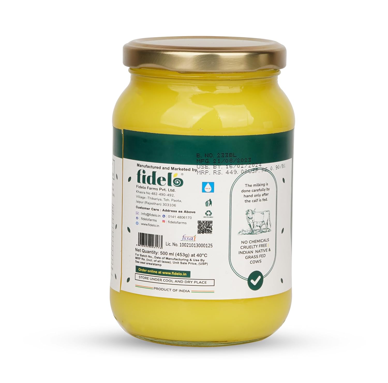 100% Natural Bilona Cow Ghee By Fidelo | Naturally Healthy Pure Cow Ghee Good For Frying | (500ml) 16.9 Ounce