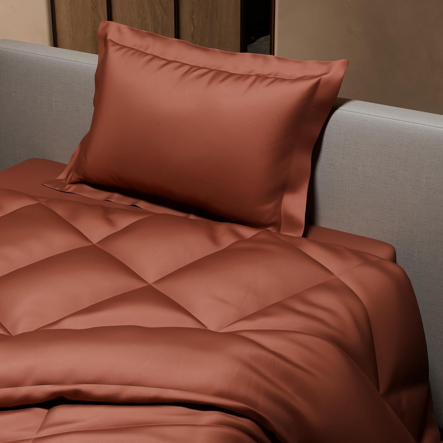 Single Bedsheet + Comforter With 1 Pillow Covers - 60 X 90 Inches, Brown | Ideal For Gift Special Occasions | Perfect Romantic Bedsheet For Couples