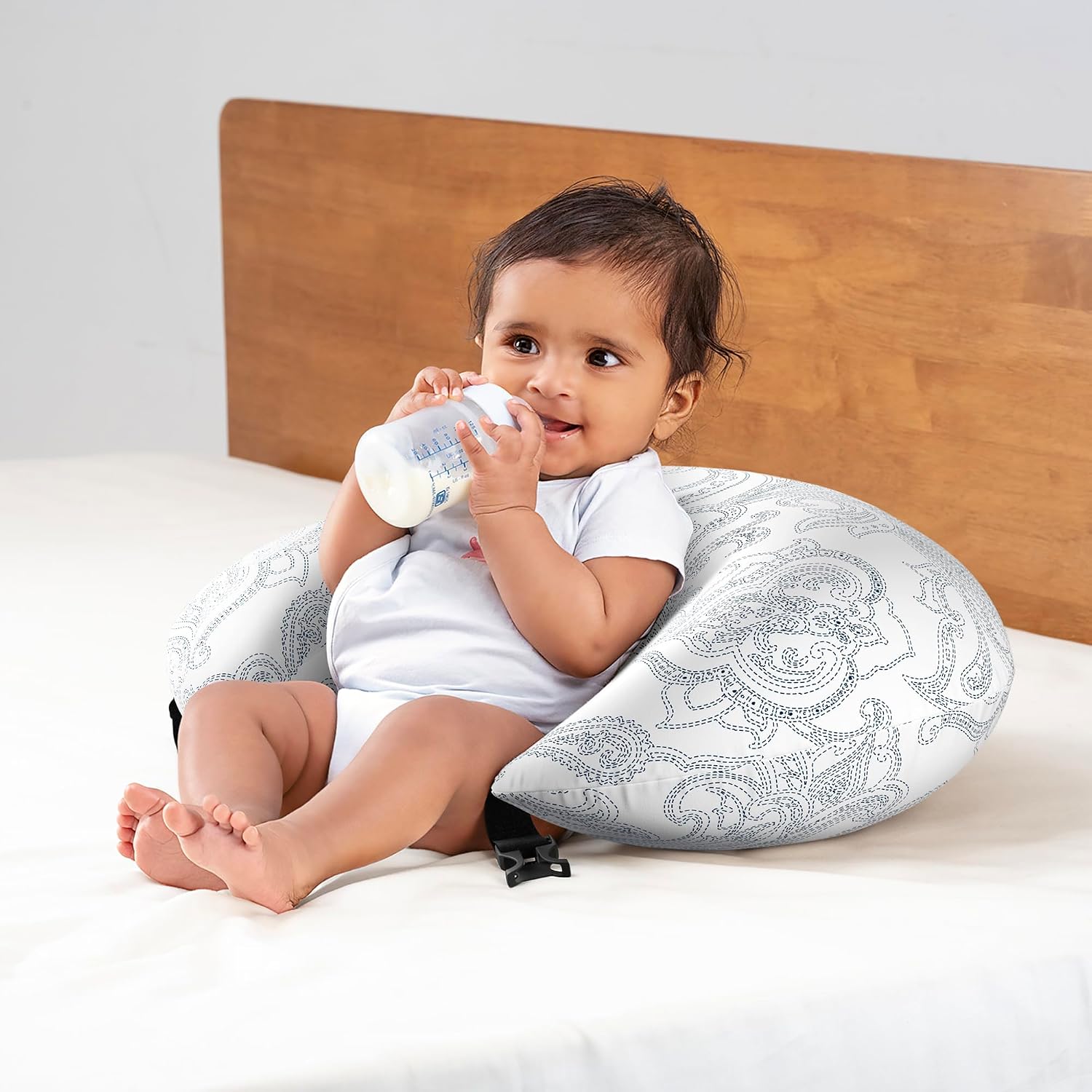 Feeding Pillow For New Born Baby, 5 In 1 Multipurpose Use, Nursing Pillow, White | Paisley Printed, For Breastfeeding With Cotton Removable Cover | Washable, Multi-Use & Easy To Clean