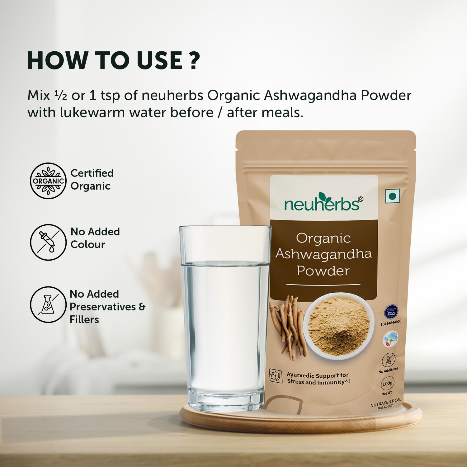Neuherbs Organic Ashwagandha Powder, Ayurvedic Support For Stress, Mental Calmness & Anxiety Issues, Certified Organic | 100gm 0.2lbs