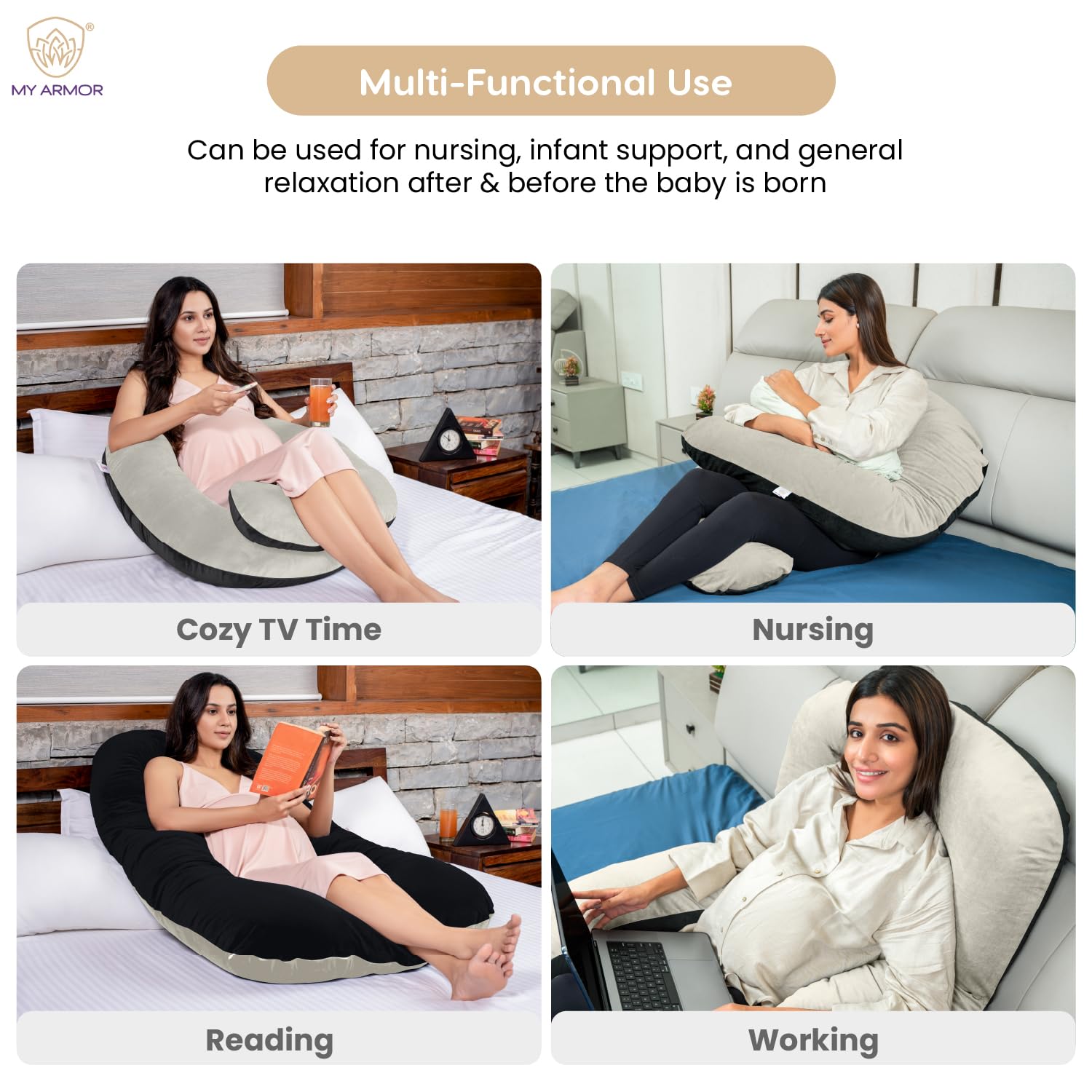 Full Body U Shape Pregnancy Pillow For Women, Maternity Pillow, Black & Cream | Pillow Gift For Pregnancy Sleeping, Premium Velvet Cover With Zip | Adjustable & Washable, Relieves Pain