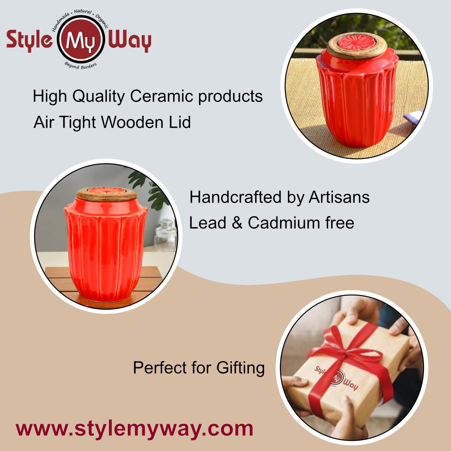 Hand Glazed Multi Utility Storage Airtight Ceramic Jar With Wooden Lid 1000ml, Red | Airtight Ceramic Kitchen Canister - Cookie Jar - Pickle Storage Container, Burni