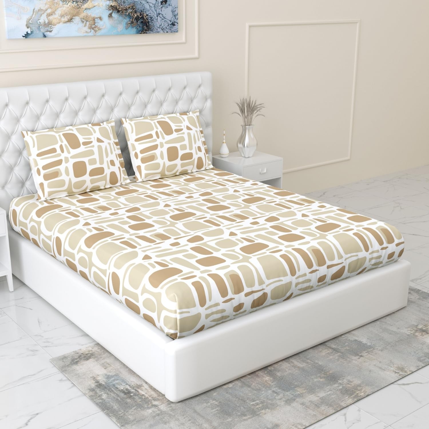 King Size Bed For Elastic Fitted Bedsheet With 2 Pillow Covers | 72 X 78 X 10 Inches, White & Brown | Softness, Durability & Comfort | Perfect For Everyday Use