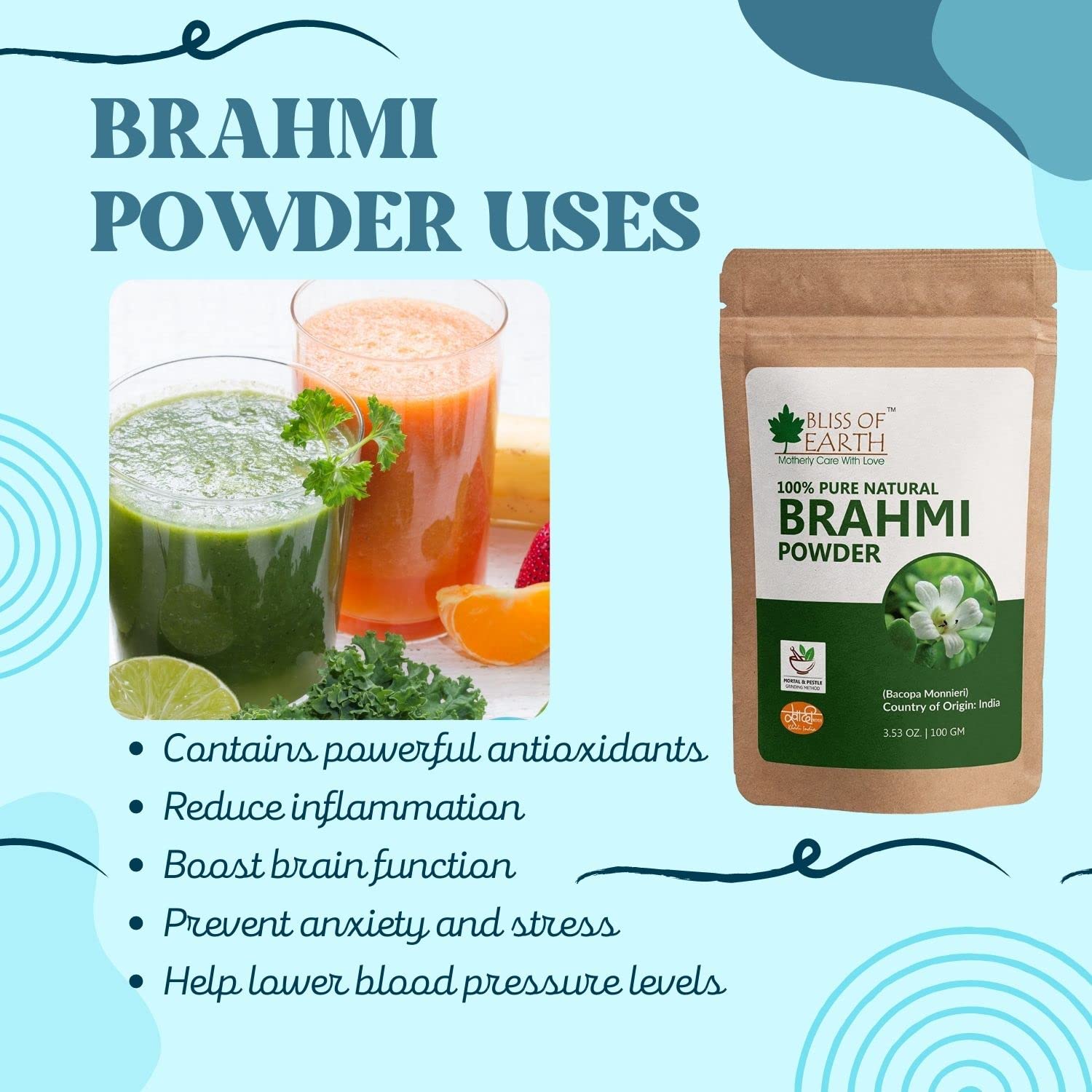 Bliss Of Earth 100% Pure & Natural Brahmi Powder Bacopa Monnieri, Health & Wellness Essentials | 100gm 0.2lbs Each Pack Of 2
