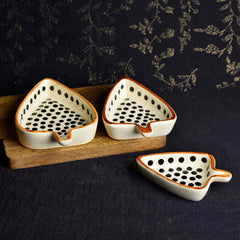 Leaf Shaped Hand Painted Ceramic Glossy Tray - Set Of 3, White, Black Dots | For Serving Cookies, Dry Fruits, Sweets & Snacks, Length – 16 Cm, 15 Cm & 12 Cm | Small Platter Set