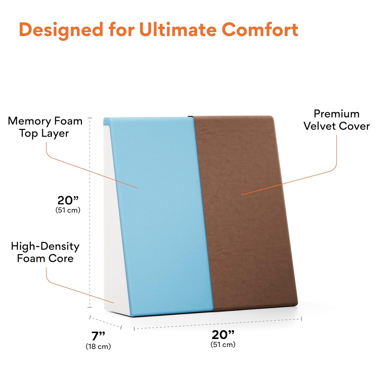 Wedge Pillow Memory Foam For Back Support, Velvet Brown, Medium Size - 7 Inch | Wedge Cushion, Acid Reflux, Snoring, Gerd, Leg Elevation, Pregnancy | Removable Cover, Multipurpose Pillow