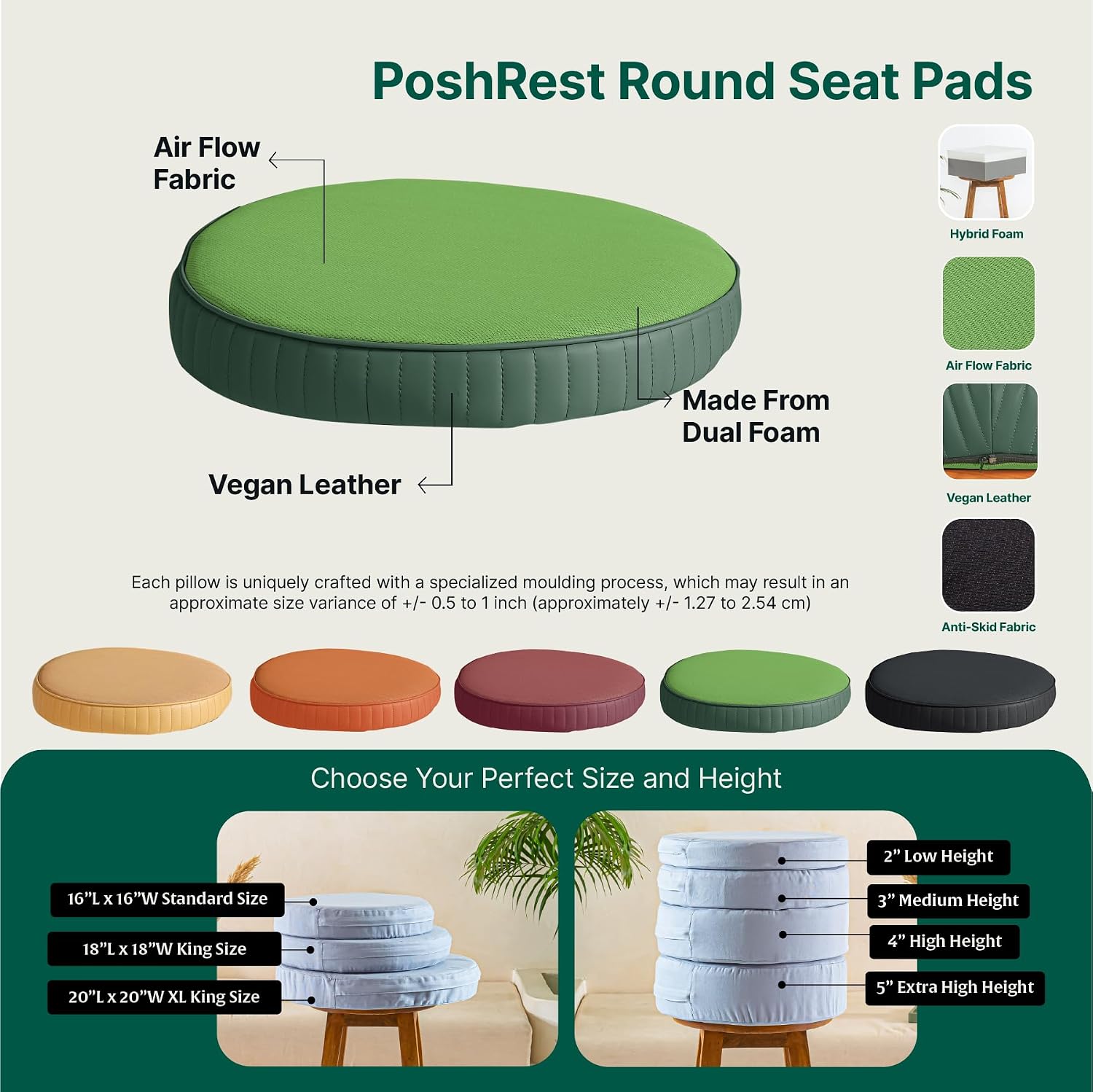 Round Chair Cushion Pad, Memory Foam Car Seat Cushion, Forest Green, Standard Size - 16 Inch | Hip & Back Pain Relief Sitting Pillow - Floor & Office Chair Cushion | Seat Cushion - Set Of 1