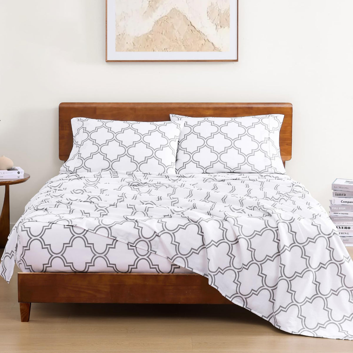 100% Organic Cotton Bedsheet For Double Bed With 2 Pillow Covers | 90 X 100 Inches, White & Grey | Soft & Comfortable Fabric, Machine Washable