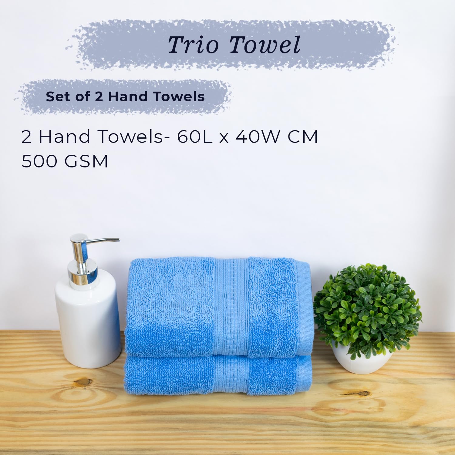 Rangoli 100% Cotton Fibre 2 Hand Towel 500 Gsm | Highly Durable & Super Absorbent Towel | Skin-Friendly & Quick Drying Luxury Towels (Sky Blue)