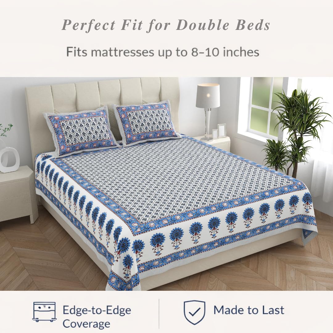Jaipuri Cotton Bedsheet For King Size With 2 Pillow Covers | 90 X 108 Inches, White & Blue | Ultra-Soft & Skin-Safe | Breathable Summer Comfort