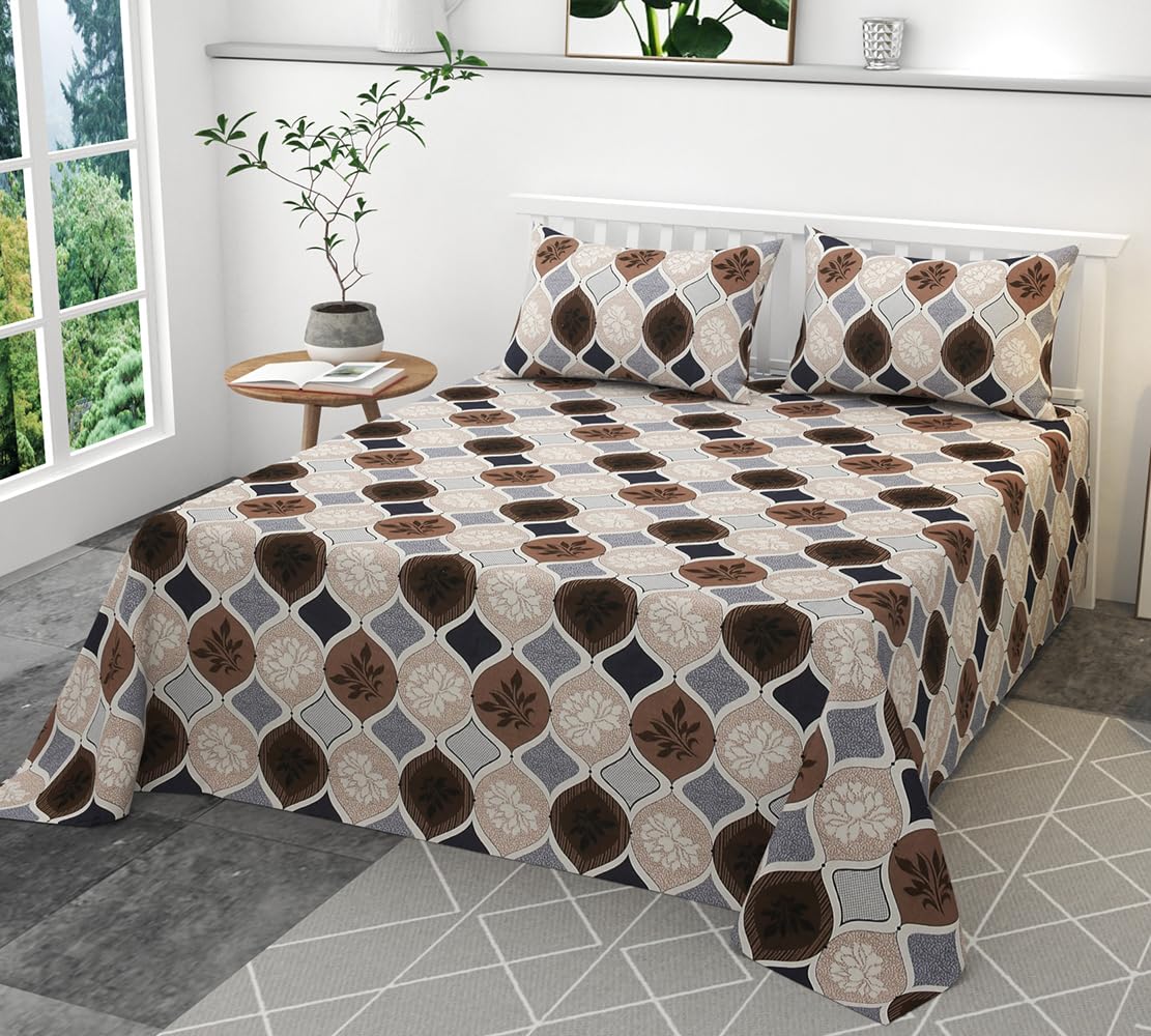 100% Pure Cotton Double Bedsheet With 2 Pillow Covers - 90 X 90 Inches, Brown & White | Soft, Breathable & Skin-Friendly Fade Resistant Double Bedsheet