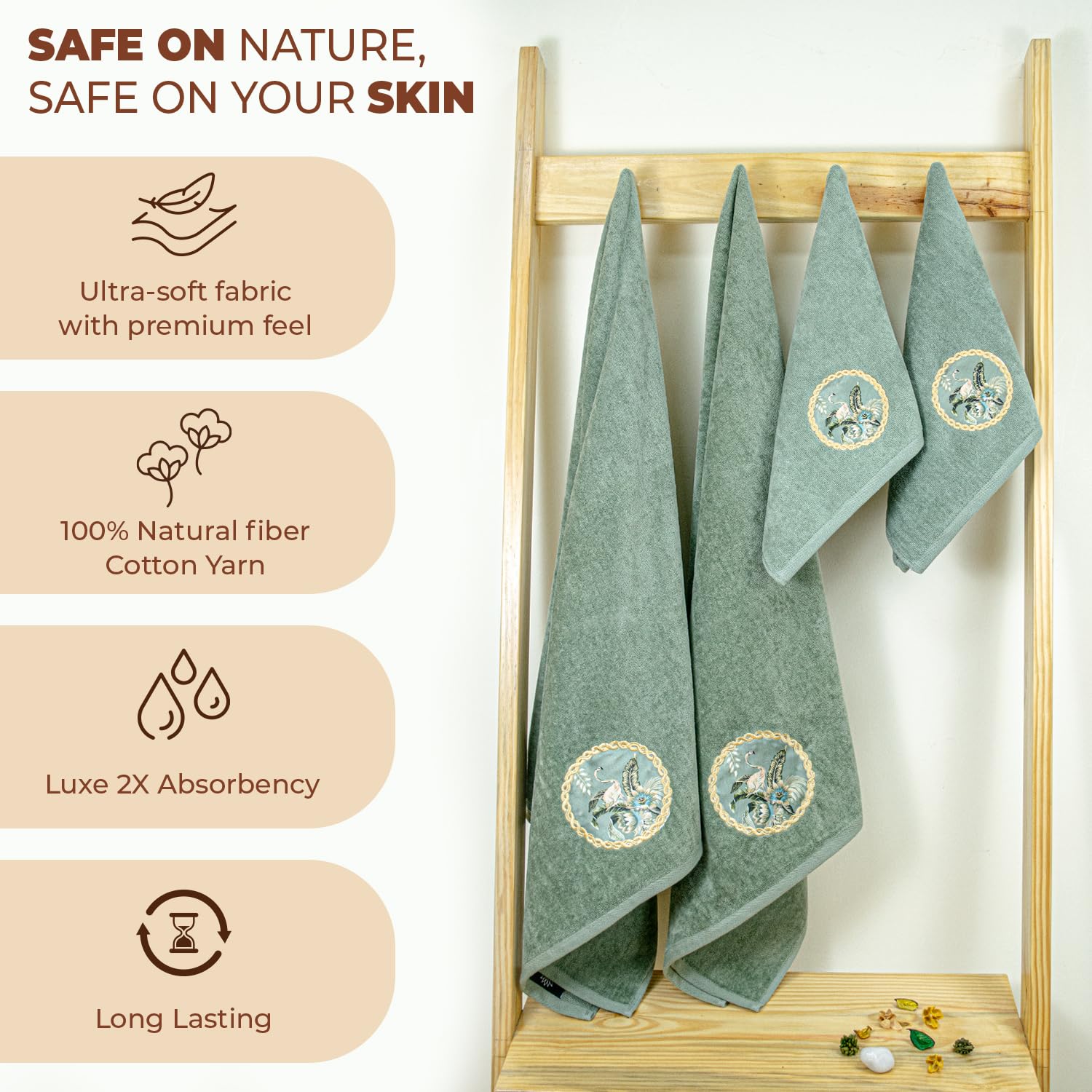 Akiko Home Prima Dream 100% Cotton 2 Bath & 2 Hand Towel 1400 Gsm | Soft, Absorbent & Durable, Cotton Bath & Hand Towel | Pack Of 4 (Green)