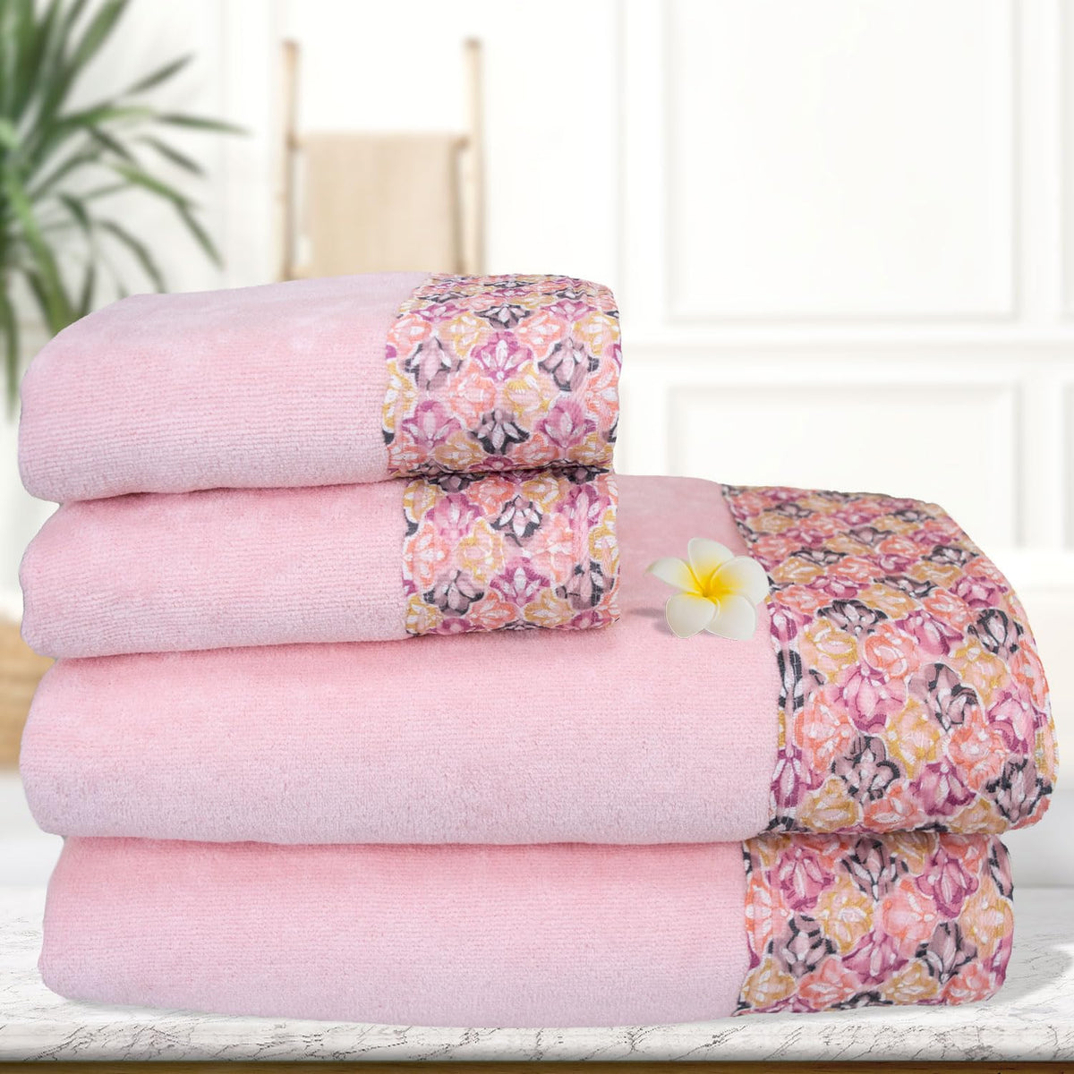 Rangoli Prima Dream 100% Cotton Lace 2 Hand & 2 Bath Towel 1400 Gsm | Ultra Soft, Super Absorbent & Eco-Friendly Hanging Towels (Light Pink) - Pack Of 4