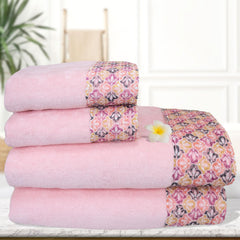 Rangoli Prima Dream 100% Cotton Lace 2 Hand & 2 Bath Towel 1400 Gsm | Ultra Soft, Super Absorbent & Eco-Friendly Hanging Towels (Light Pink) - Pack Of 4