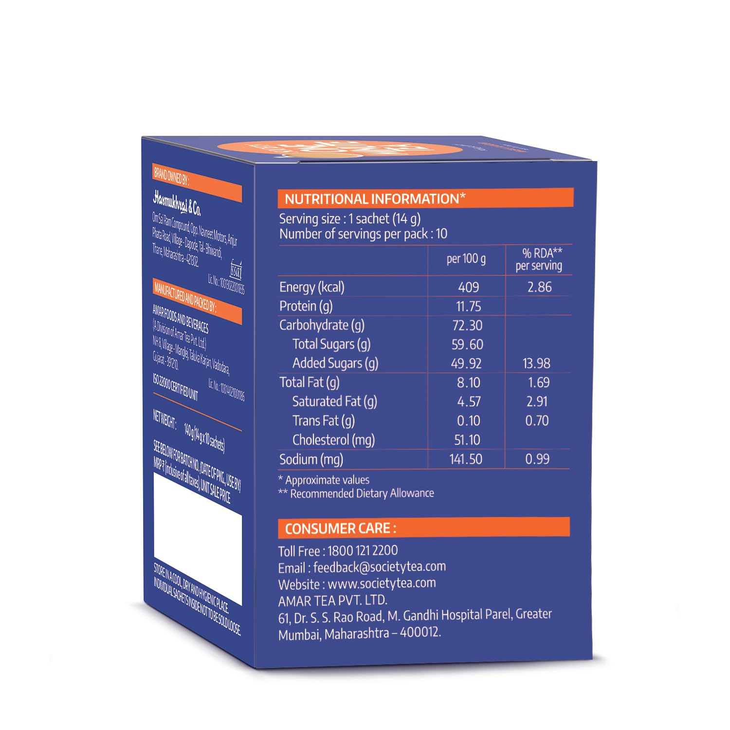 Society One Minute Tea Masala Instant Tea Premix 14gm X 10 Sachets - 140gm, 4.9 Ounce | Made With Ginger, Clove, Black Pepper, Cinnamon - Low Caffeine Chai Patti | Flavored Instant Masala Chai