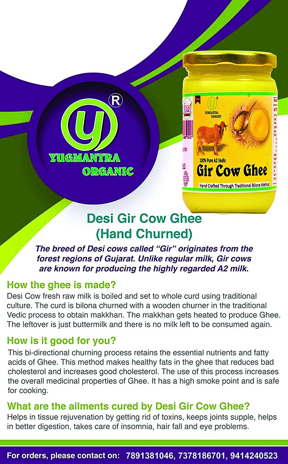 Premium Gir Desi Cow Ghee By Yugmantra Organic | Highly Nutritious Bilona Method Pure & Fresh Danedar Desi Cow Ghee | (250ml) 8.4 Ounce | Jar Pack