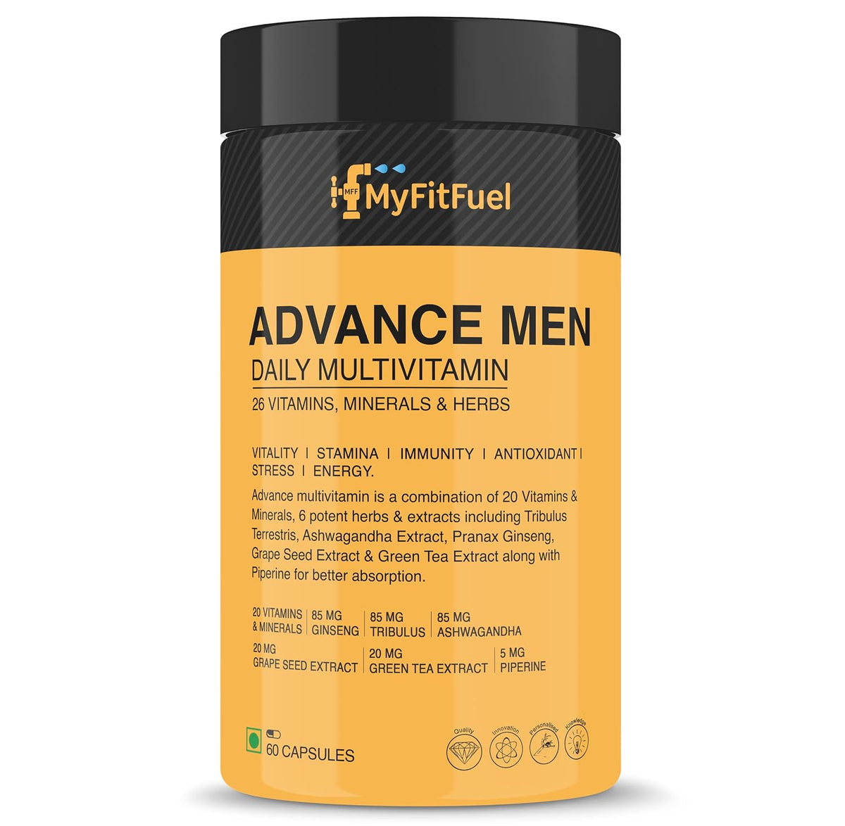 Myfitfuel Men Advance Daily Multivitamin 26 Vitamins, Minerals, Herbs, Extracts & Piperine 95% | 60 Capsules , 100gm 0.2lbs