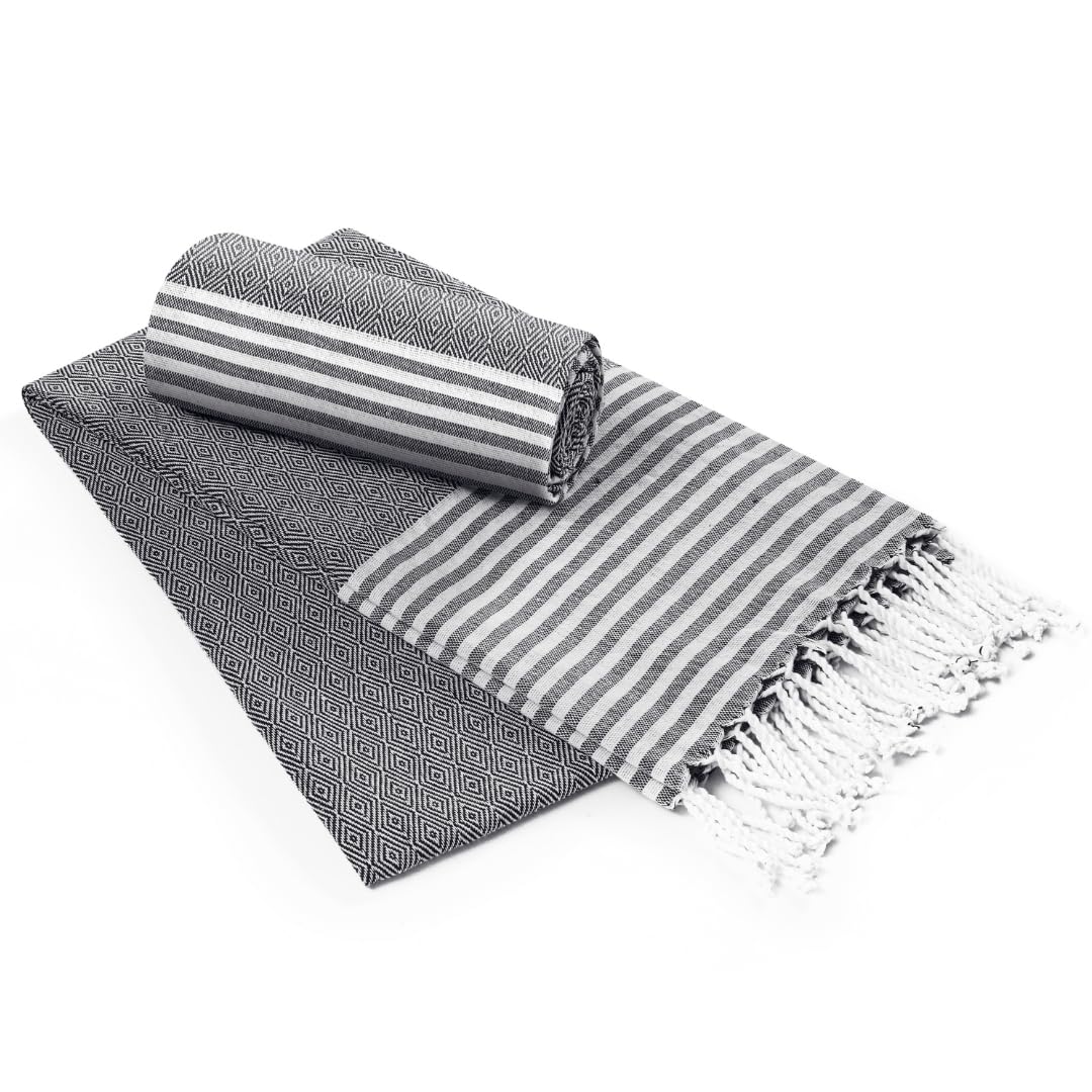 Destin Home Turkish Peshtemal Beach Towels 700 Gsm | Cotton Soft, Lightweight, Quick-Drying & Absorbent For Beach Pool Spa Picnic Travel (Black)- Set Of 2