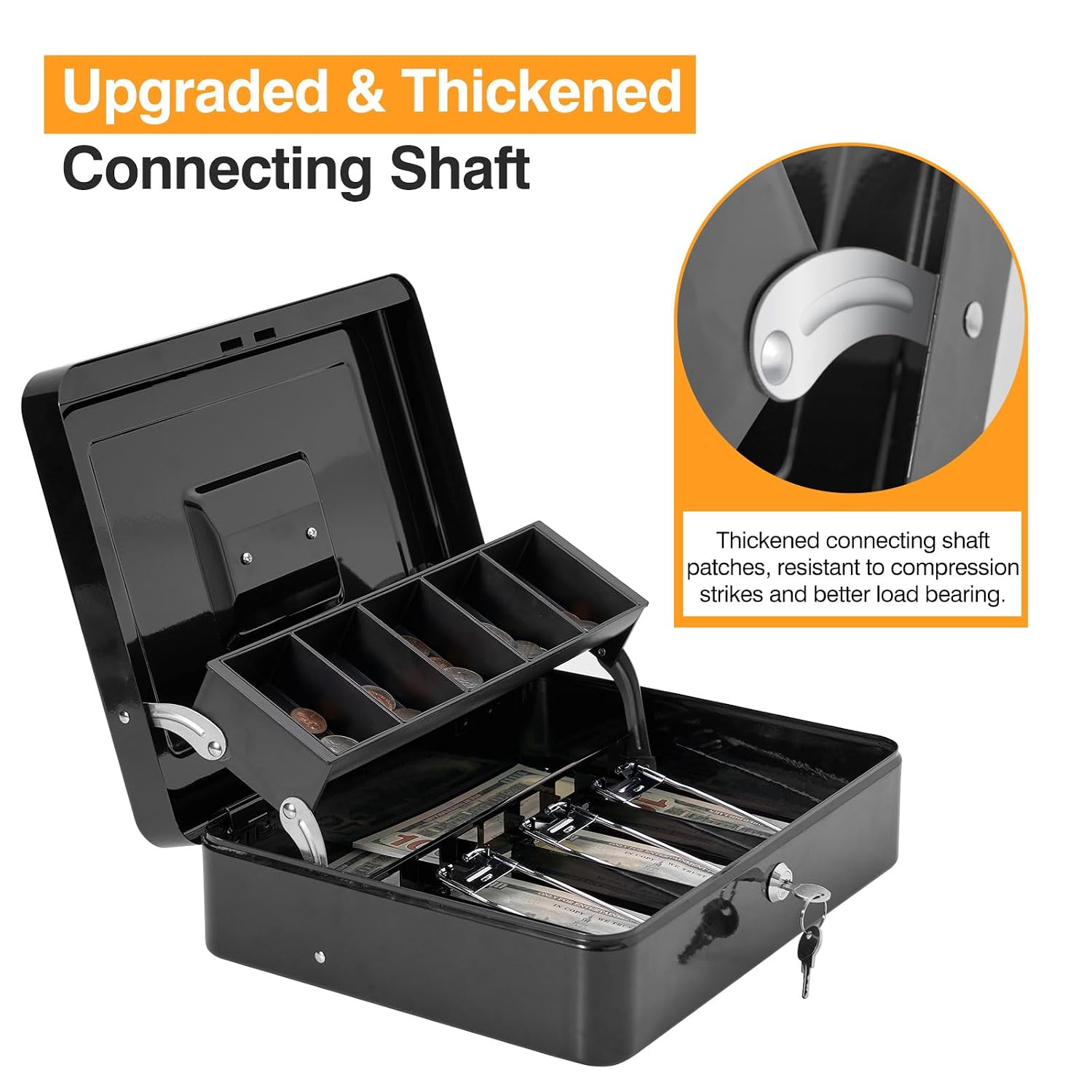 Locking Cash Box With Carry Bag, Metal Money Box With Money Tray, Durable Lock Safe Box With Key, 4 Bill 5 Coin Slots, Cantilever Design, Large Cash Boxes, Money Saving Organizer, Colour - Black