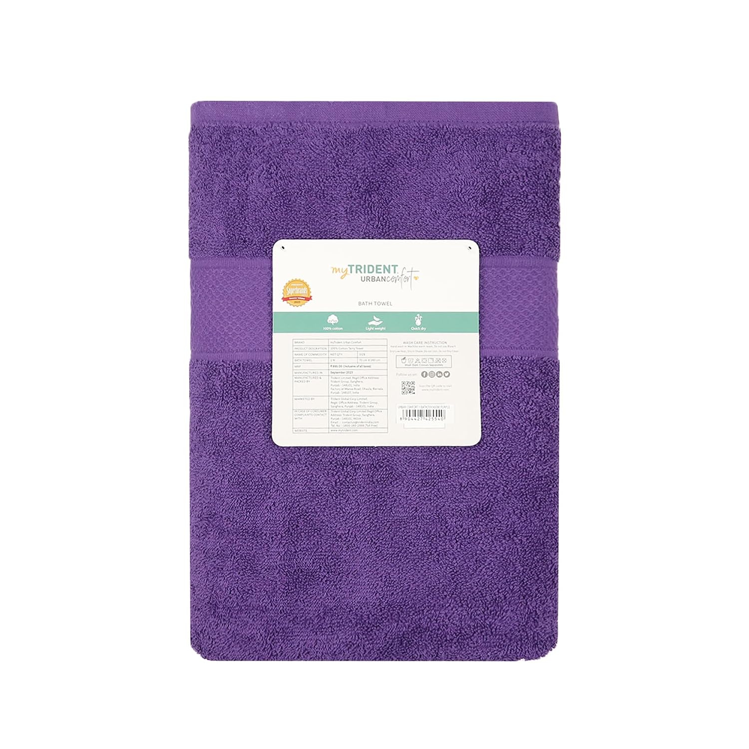 Trident 100% Cotton Bath Towels Large Size Soft & Absorbent 450 Gsm | Urban Comfort (Purple)