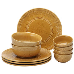 Handcrafted Ceramic Dinner Set Of 10 Pcs With Serving Bowls Set - Golden Brown | 4 Dinner Plates + 4 Small Dinner Bowl, 180ml Each + 2 Serving Bowl, 1000ml Each | Dishwasher Safe - Serving For 4