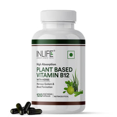 Inlife Plant Based Vitamin B12 Supplements For Men & Women | Supports Nerve Health & Brain Health | B12 From Spirulina Extract | 120 Vegetarian Capsules , 200gm 0.4lbs