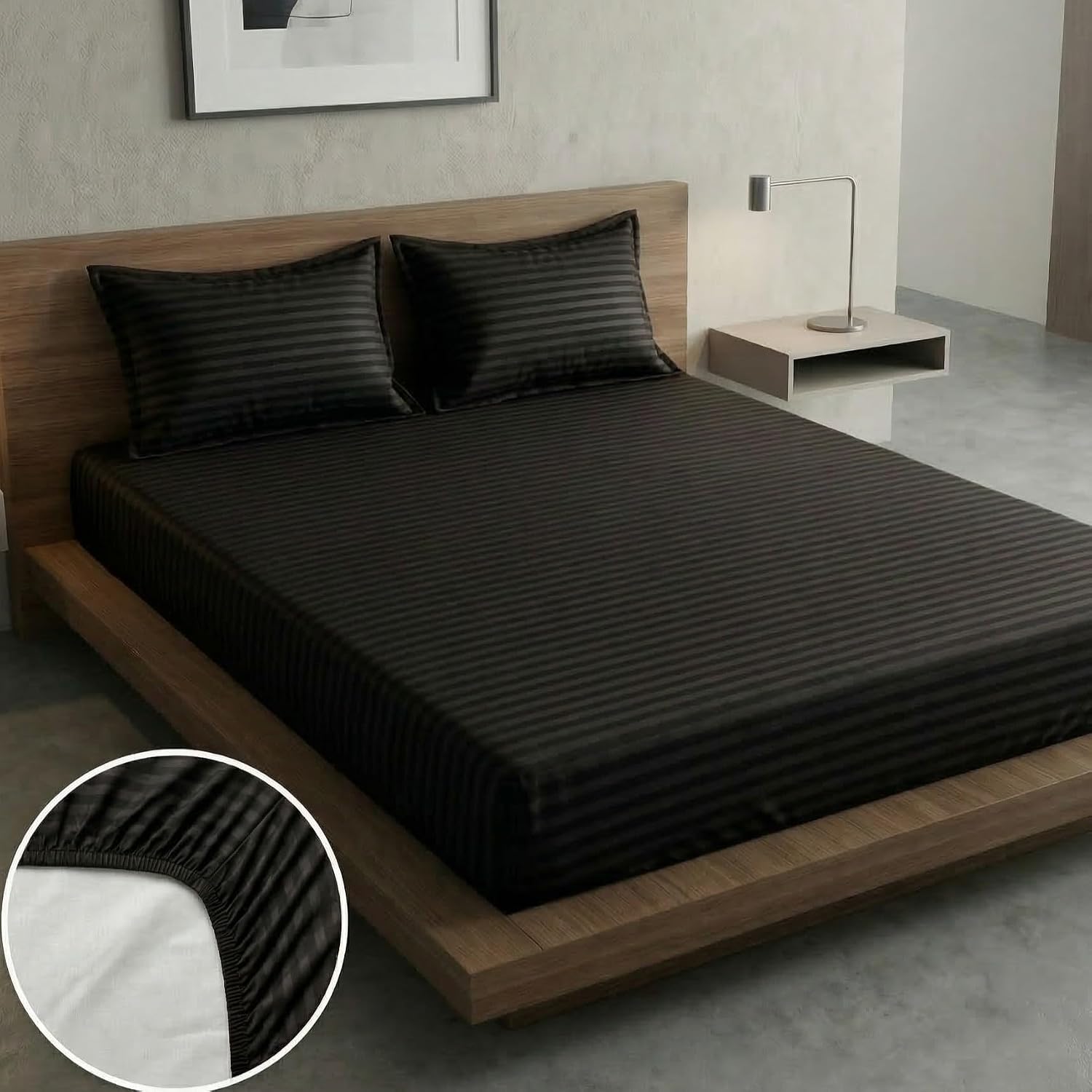 Black Stripe Elastic Fitted Double Bedsheet (72x78 Inches) With 2 Pillow Covers | Soft To Touch & Comfortable | 300 Thread Count