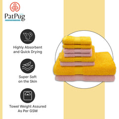 Patpug 100% Indian Cotton Plush Towel Set 2000 Gsm | Highly Absorbent, Fade Resistant, Quick Drying 2 Bath, 2 Hand & 4 Face Towel (Sunrise Yellow & Baby Pink) - 8 Piece