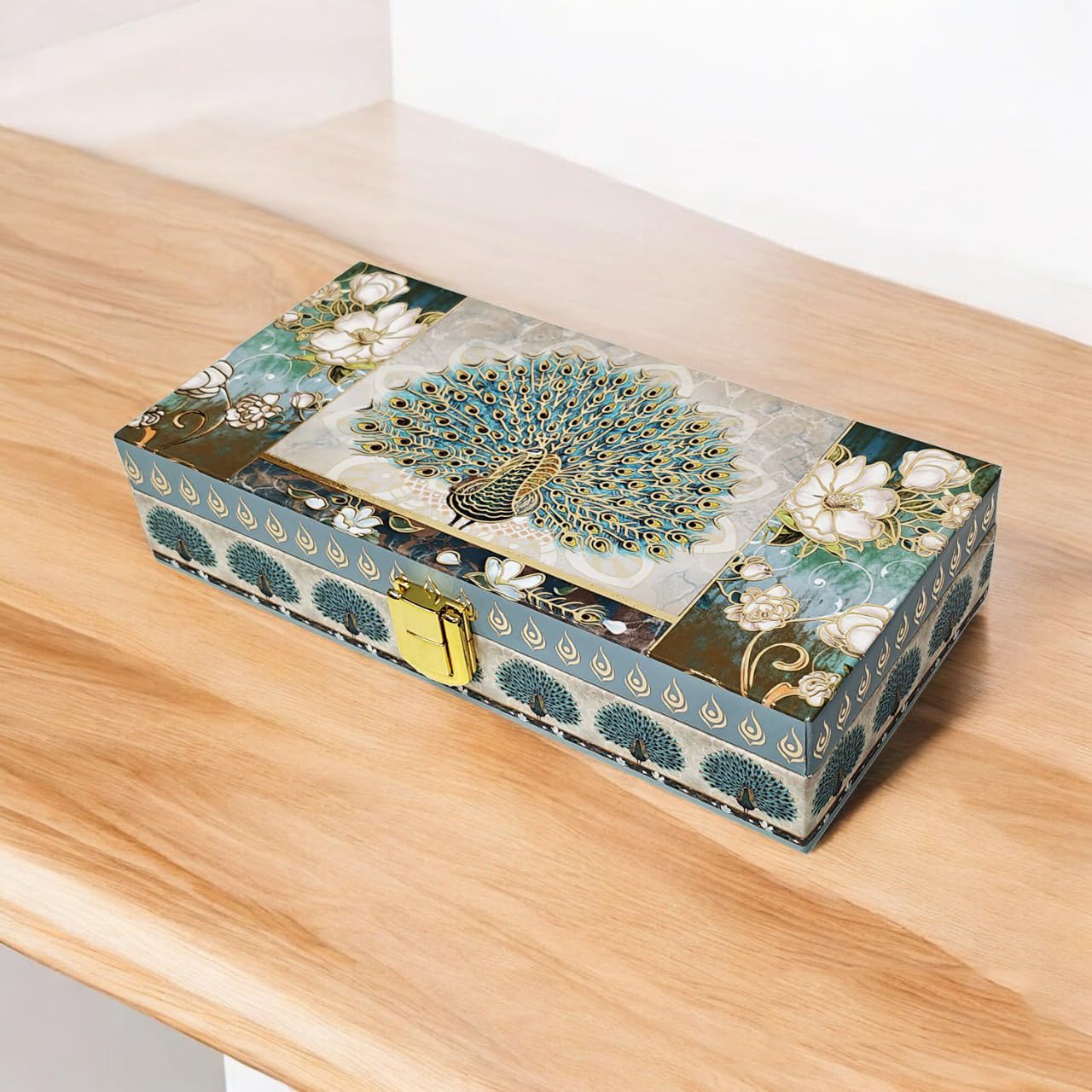 Peacock Design Gold Print Matt Touch Mgi Floral Decorative Box, Wedding Fancy Shagun Cash Box, Jewellery Box, Money Box, Gaddi Box, Material - Wood