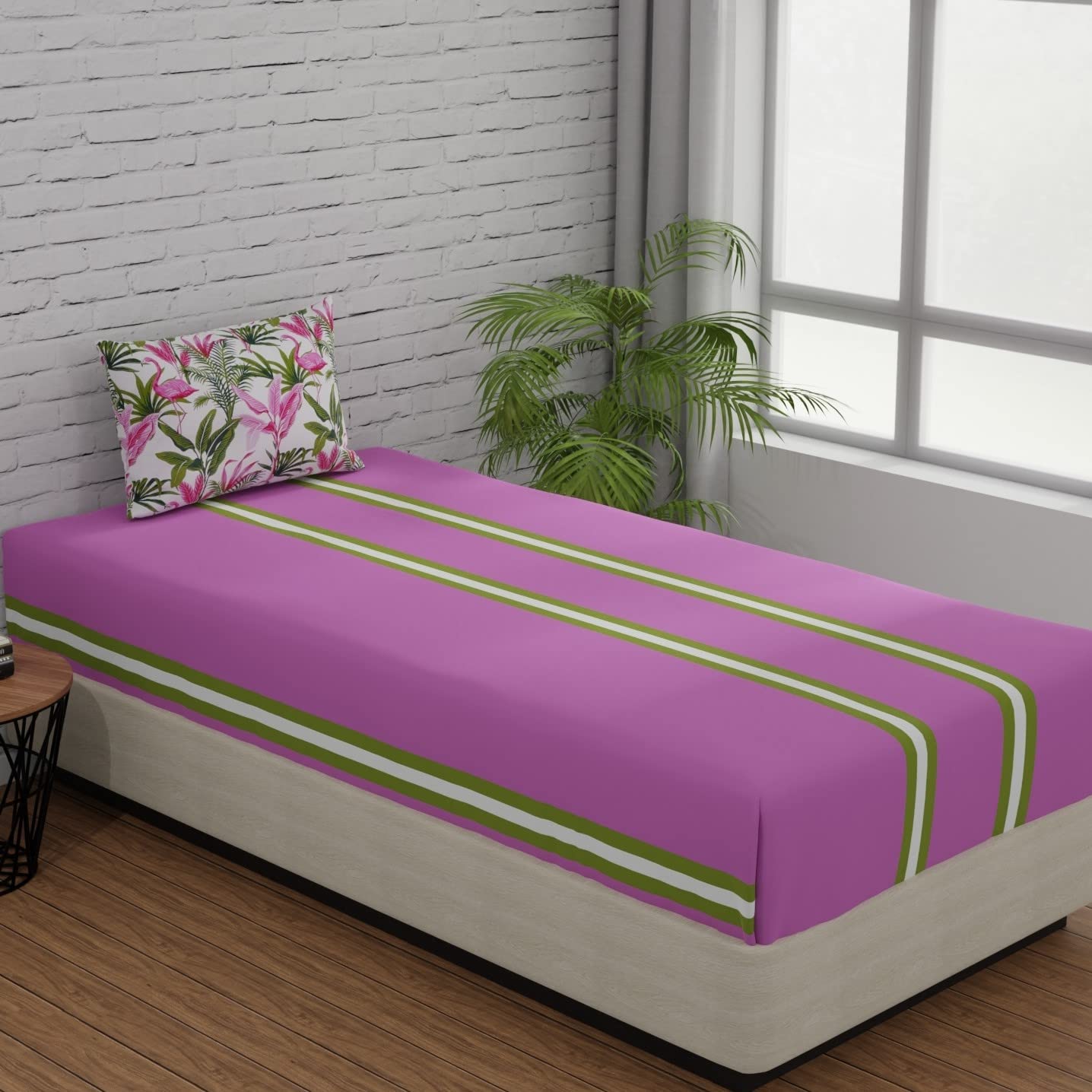 Single Bedsheets With 1 Pillow Cover - 55 X 88 Inches, Stripes & Flamingos Pink & Green | Soft & Breathable Fabric | Comfortable For Daily Use