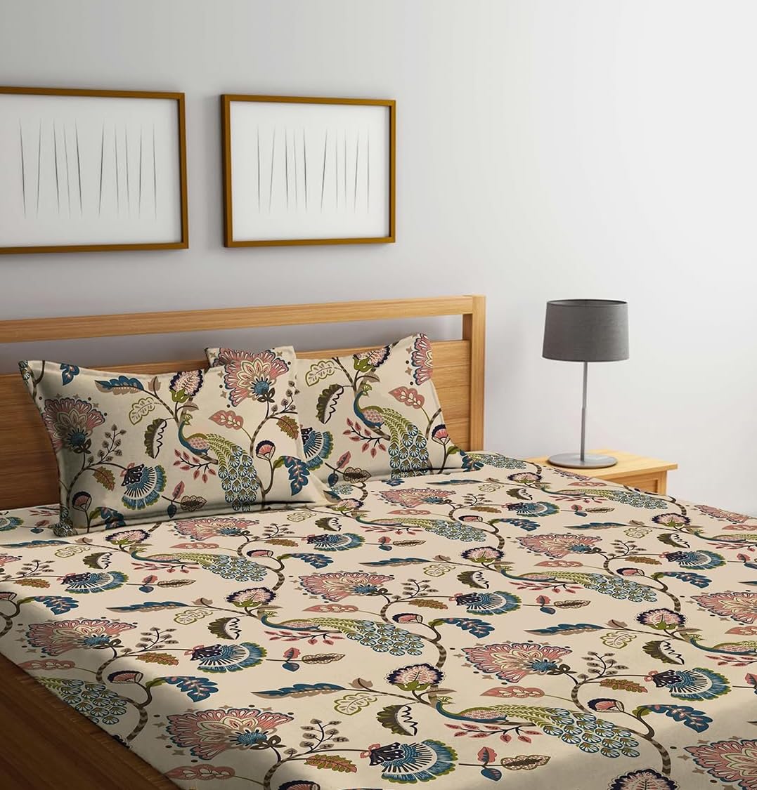 Cotton Printed King Size Double Bedsheet With 2 Pillow Cover - 90 X 100 Inches, Multicolor | Durable & Long Lasting - All Around Elastic Fitted Bedsheet