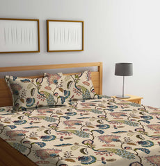 Cotton Printed King Size Double Bedsheet With 2 Pillow Cover - 90 X 100 Inches, Multicolor | Durable & Long Lasting - All Around Elastic Fitted Bedsheet