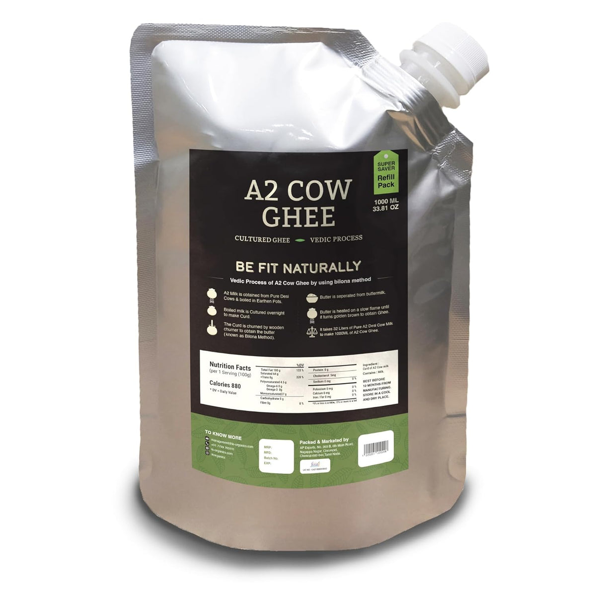 Pure Natural A2 Cow Ghee By Le Organics | Vedic Bilona Method Malai Madu Cow Ghee For Overall Health | (1 Litr) 33.8 Ounce | Pouch Pack