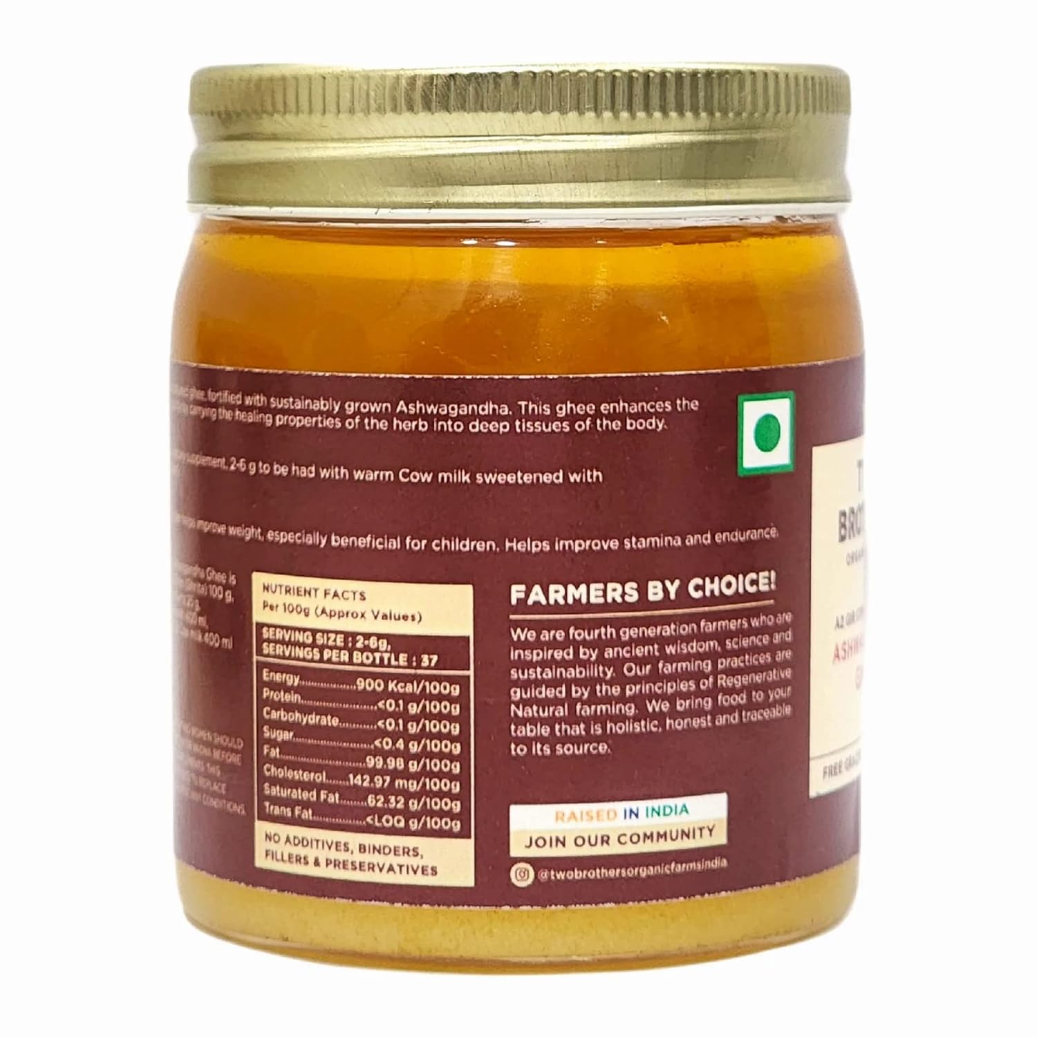 Natural (Ashwagandha) A2 Gir Cow Cultured Desi Ghee By Two Brothers Organic Farms | Naturally & Healthy Protein Fiber Desi Ghee Good For Laddus | (250ml) 8.4 Ounce | Jar Pack