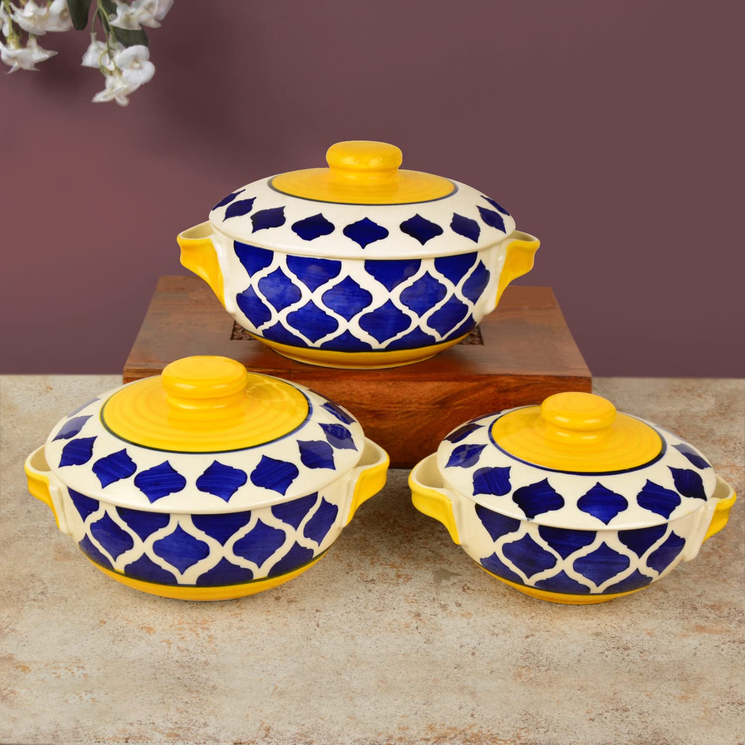 Hand Painted Large Ceramic Serving Donga Set With Lid & Handle Set Of 3 - Blue & Yellow, 1200ml, 1000ml & 800ml | Casserole Set - Dinner Serving Bowls With Lid